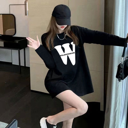 Heavy cotton long-sleeved T-shirt for girls loose new spring and autumn base shirt for students versatile black tops ins trendy