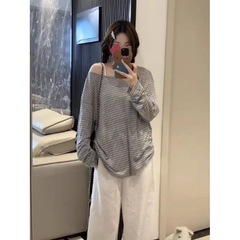 条纹圆领打底衫新款宽松显瘦长袖T恤上衣外贸跨境现货一件代发