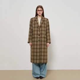夏稚 2025新款羊毛大衣复古宽松英伦风长款格子毛呢外套女秋冬款