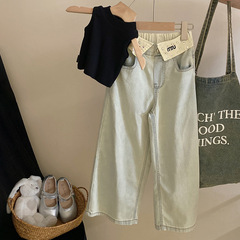 韓版洋氣女童套裝2024夏季氣質無袖針織背心潮范燙鑽翻邊牛仔褲潮