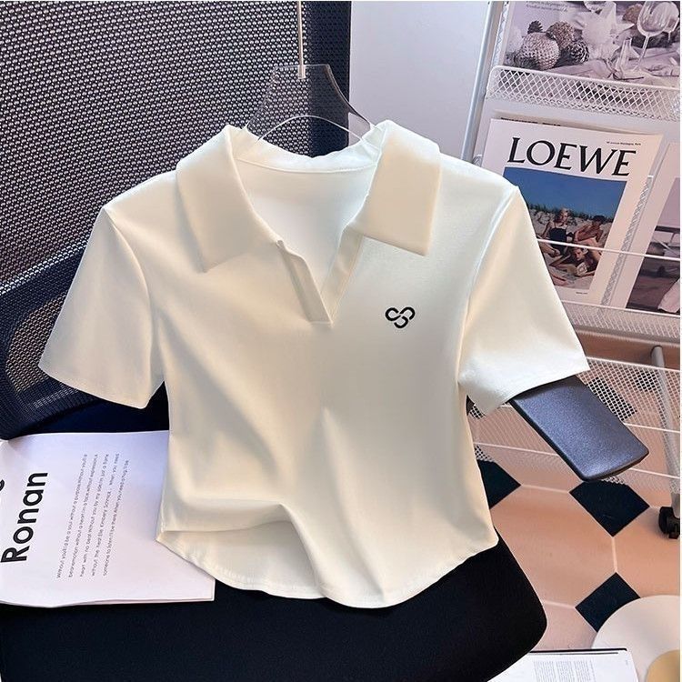 ピンク年齢軽減スリムフィット右肩プリント半袖 Tシャツ女性の夏の純粋な欲望ポロカラーホットガールショートトップ綿|undefined