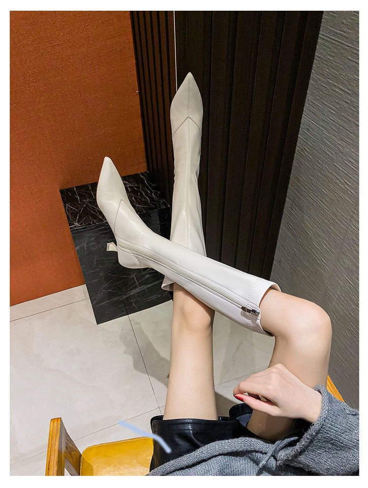 Bốt cao cổ nữ gót nhọn 6–8 cm kiểu kỵ sĩ khóa kéo bên, mũi nhọn — Màu nâu, Màu trắng, Màu đen, Màu trắng lót nhung chi tiết 8