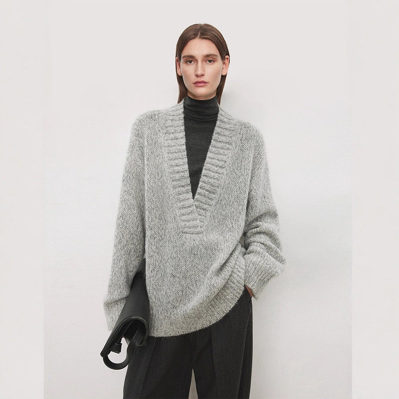 Th～Row Lyocell+Wool Marble Pattern Clip Yarn Retro Casual Thick Needle V Neck Sweater