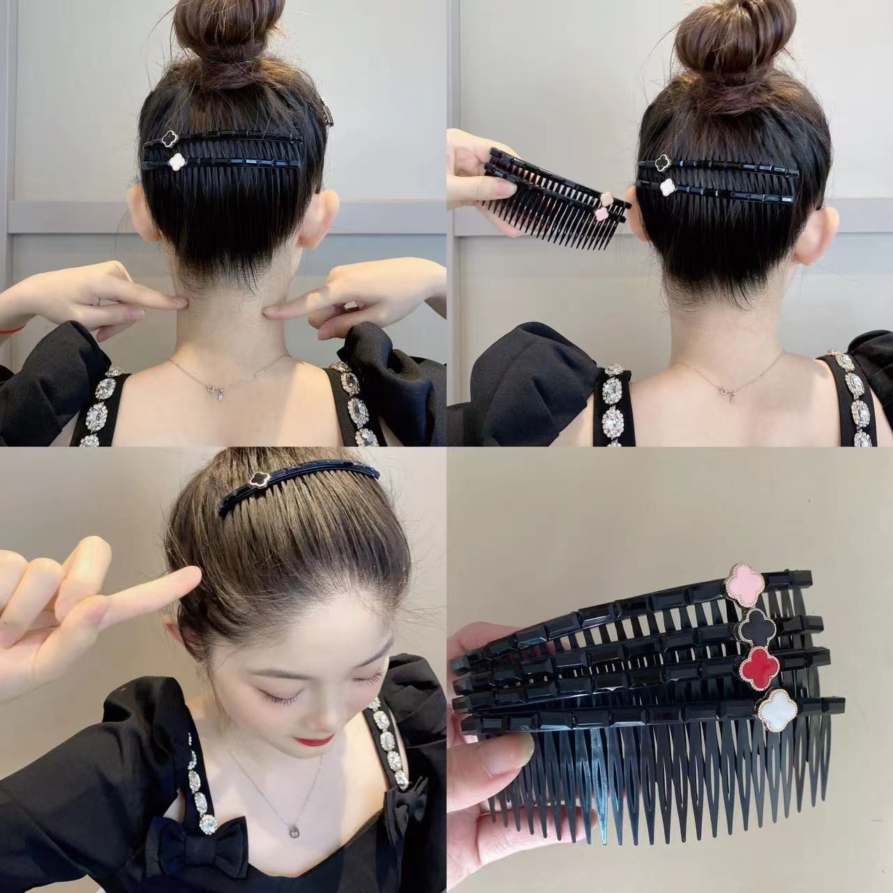 Peine de pelo de estilo coreano peine de inserción al por mayor simple Flor de cuatro pétalos flequillos roto artefacto trébol de cuatro hojas insertar peine clip lateral Cabeza trasera