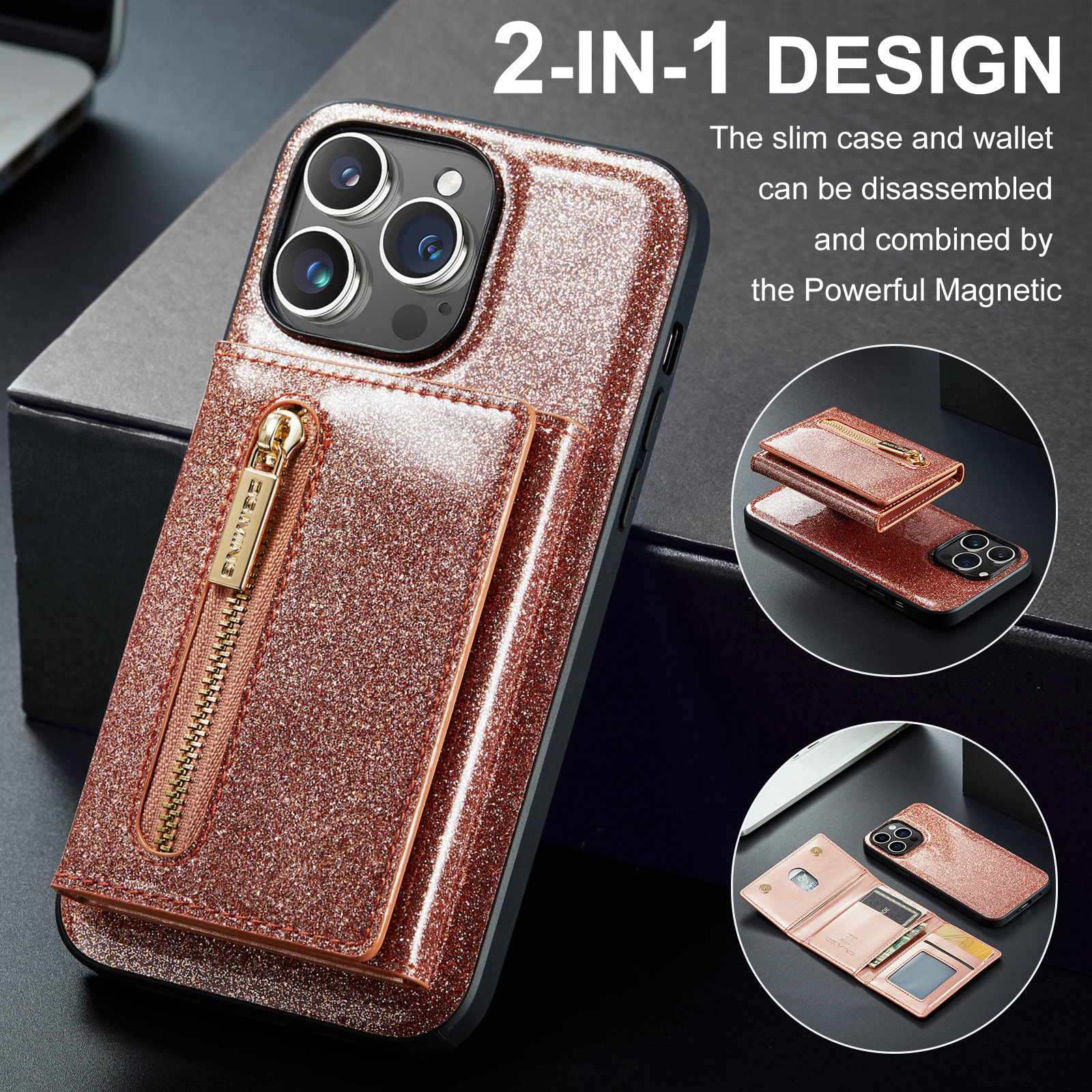 M3 for IPhone13 Pro Max glitter wallet protective case IP13 Pro 2-in -1 magnetic suction phone case_voghion.com