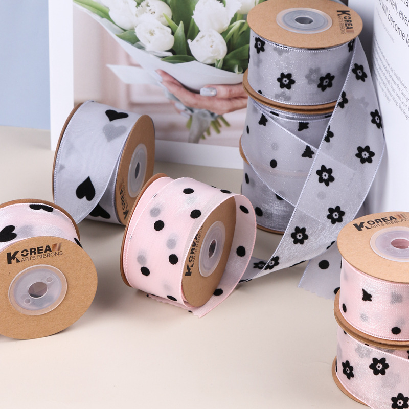圆点桃心梅花蝴蝶图案植绒流光雪纱织带发饰鲜花包装鞋花草帽丝带