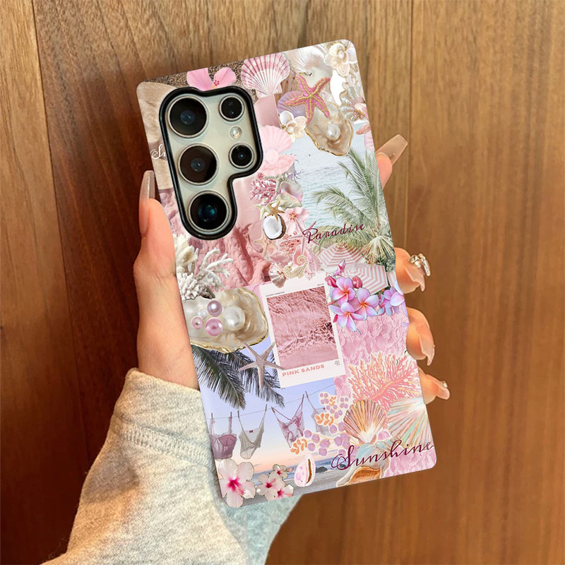 Sweet Pink Seaside Collage Vacation Style Samsung S26+ Phone Case with Beach Shells and a Girly Vibe Hard Phone Case Sweet Pink Seaside Collage Vacation Style Samsung S26+ Phone Case with Beach Shells and a Girly Vibe Hard Phone Case