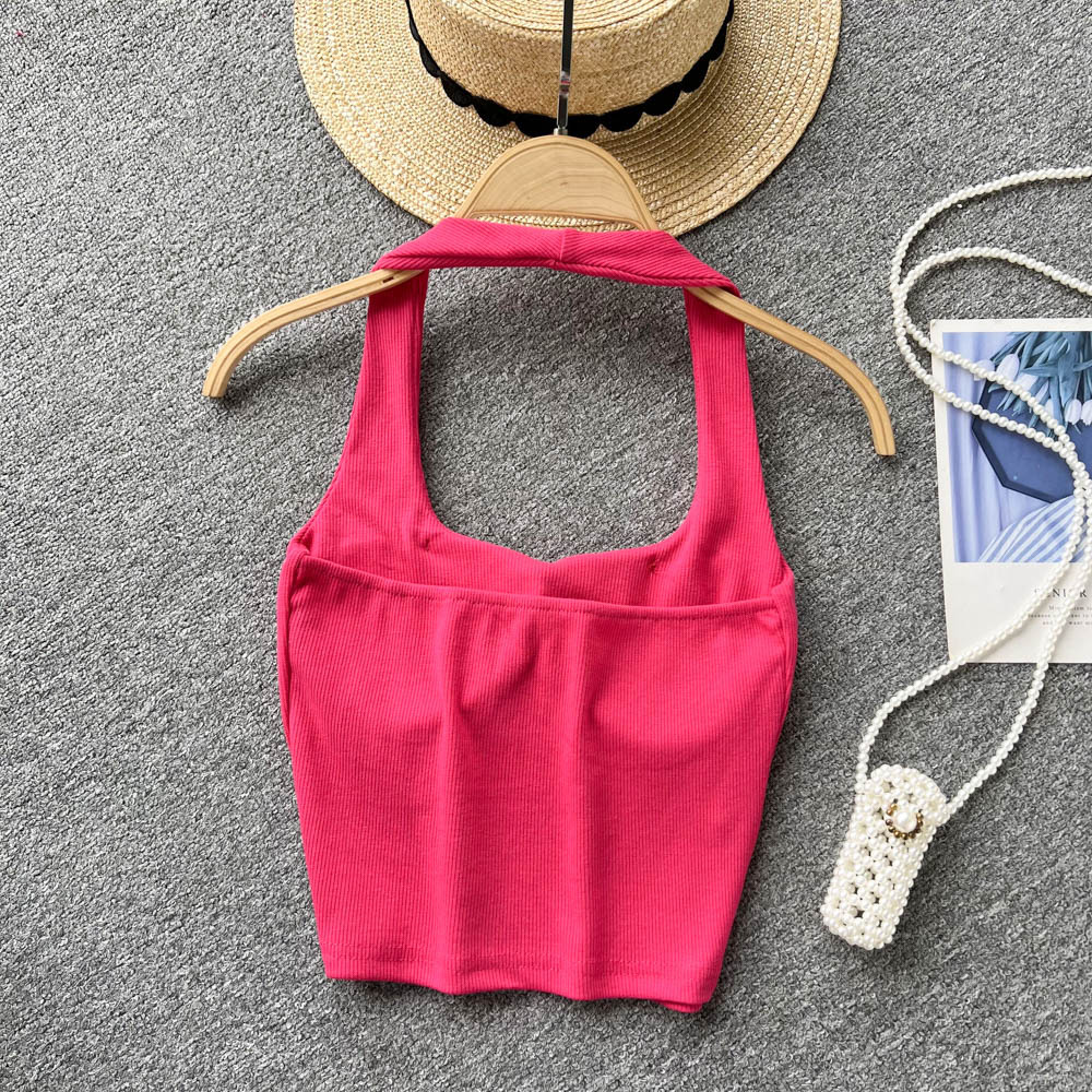 84g Weight Cotton, Rib Fabrics Fabric Type Short Top Length Vest Tops Type Holiday, Banquet, Daily Occasion Halter Neck Neckline Slim Fit Type Solid Color Pattern Summer Season Women's Gender Elegant, Streetwear Style Wholesale Women's Elegant Streetwear Solid Color Tank Tops 18