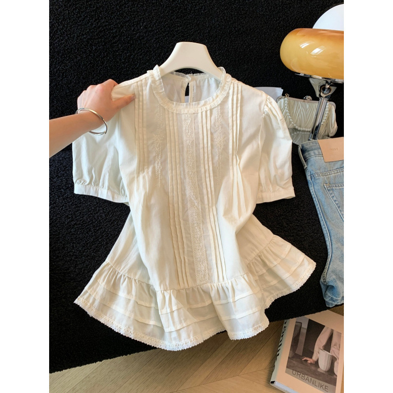 French-Style Gentle White Ruffled Puff Sleeve Shirt for Women, Summer French Lace Embroidered Round Neck Loose Top French-Style Gentle White Ruffled Puff Sleeve Shirt for Women, Summer French Lace Embroidered Round Neck Loose Top
