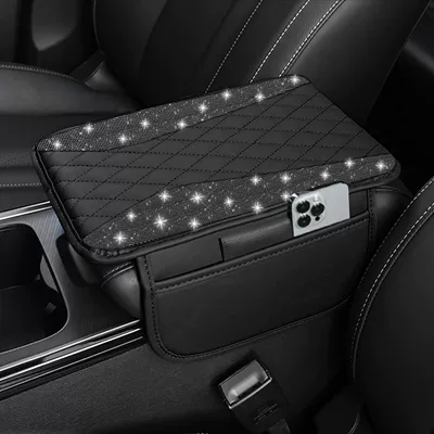 Car diamond-embellished armrest box: Armrest box pad - black-diamond-diamond-shape