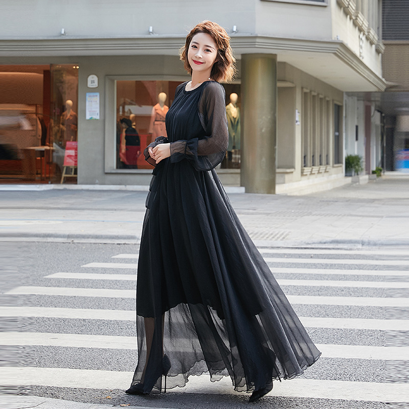 브로케이드 주름 연잎 긴소매 블랙