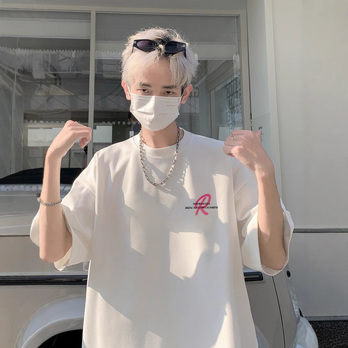 Men's Summer American Streetwear Short Sleeve T-Shirt Loose Casual Couple Matchable Printed High Street Crew Neck Top