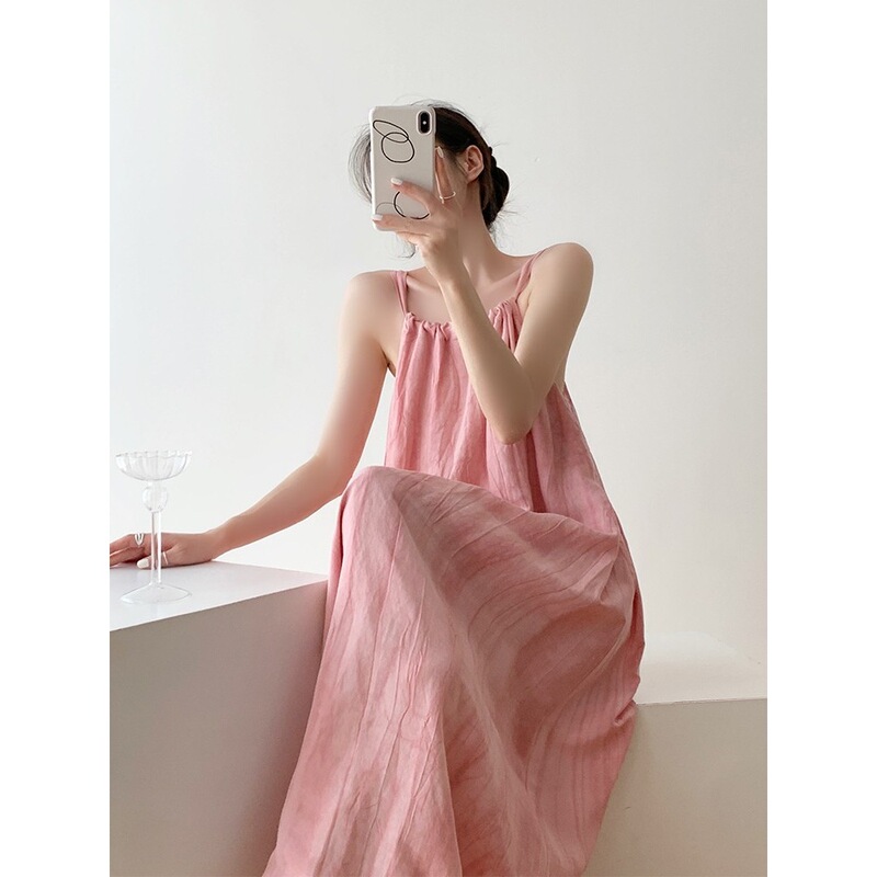 Dopamine Pink Sizzy dress Women's Summer Slim Elegant Large Swing Skirt Sleeveless Beach Long Skirt Vacation Slip Skirt
