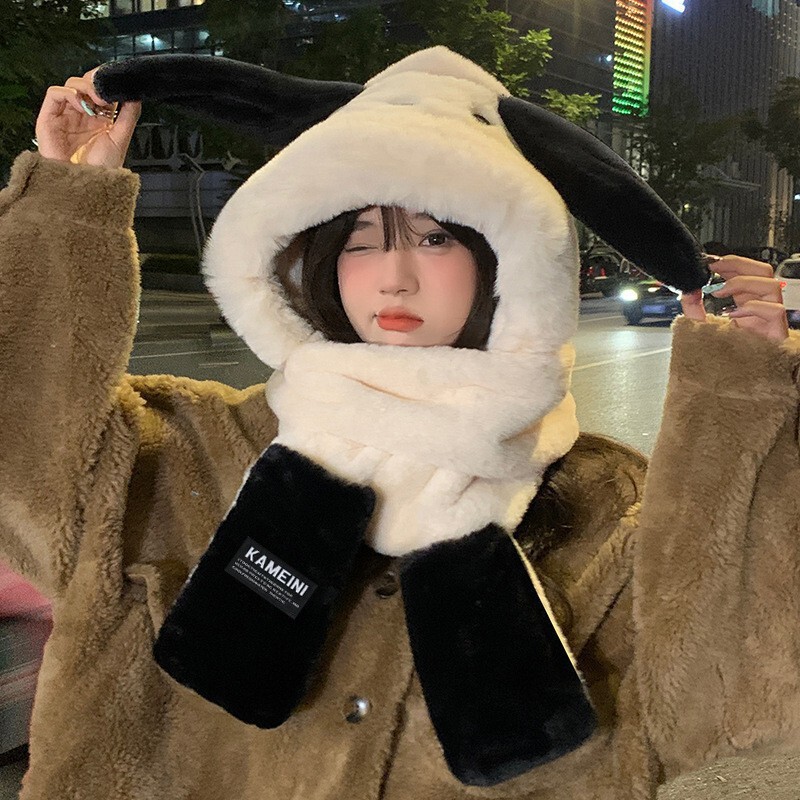 新款防风保暖帽可爱小狗帽子围巾两件套女冬季百搭围脖连帽加绒加|undefined