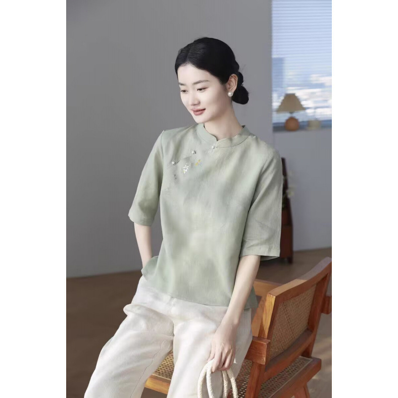 亚麻新中式立领中袖上衣文艺复古春夏宽松亚麻衬衫禅修|undefined