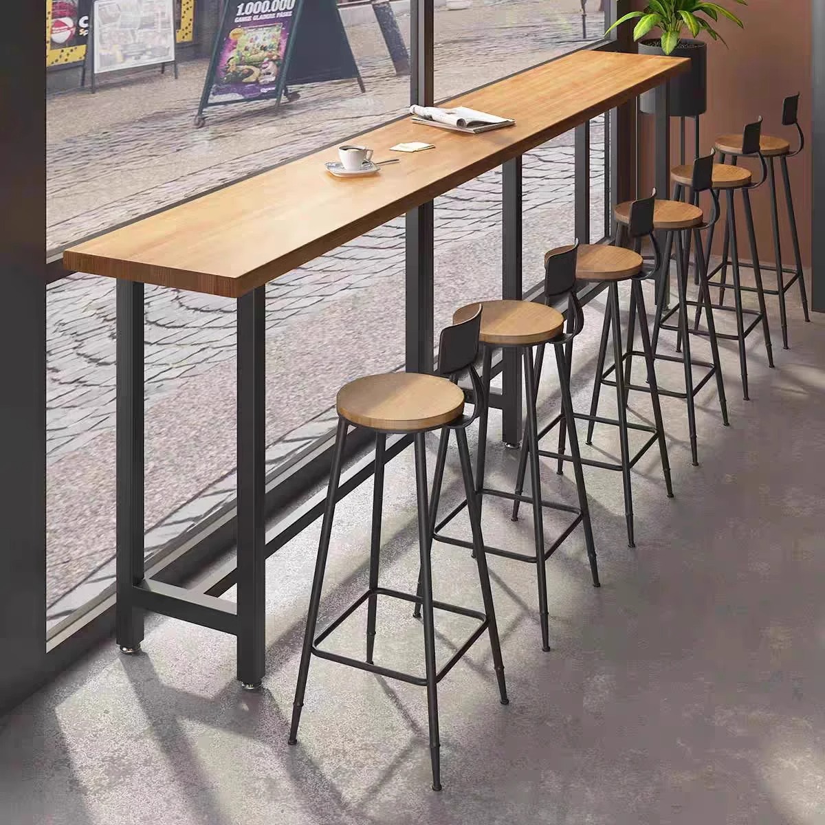 Simple Solid Wood Bar Table Home Balcony Wall High-Legged Long Table Cafe Bar Milk Tea Shop Table and Chair Combination