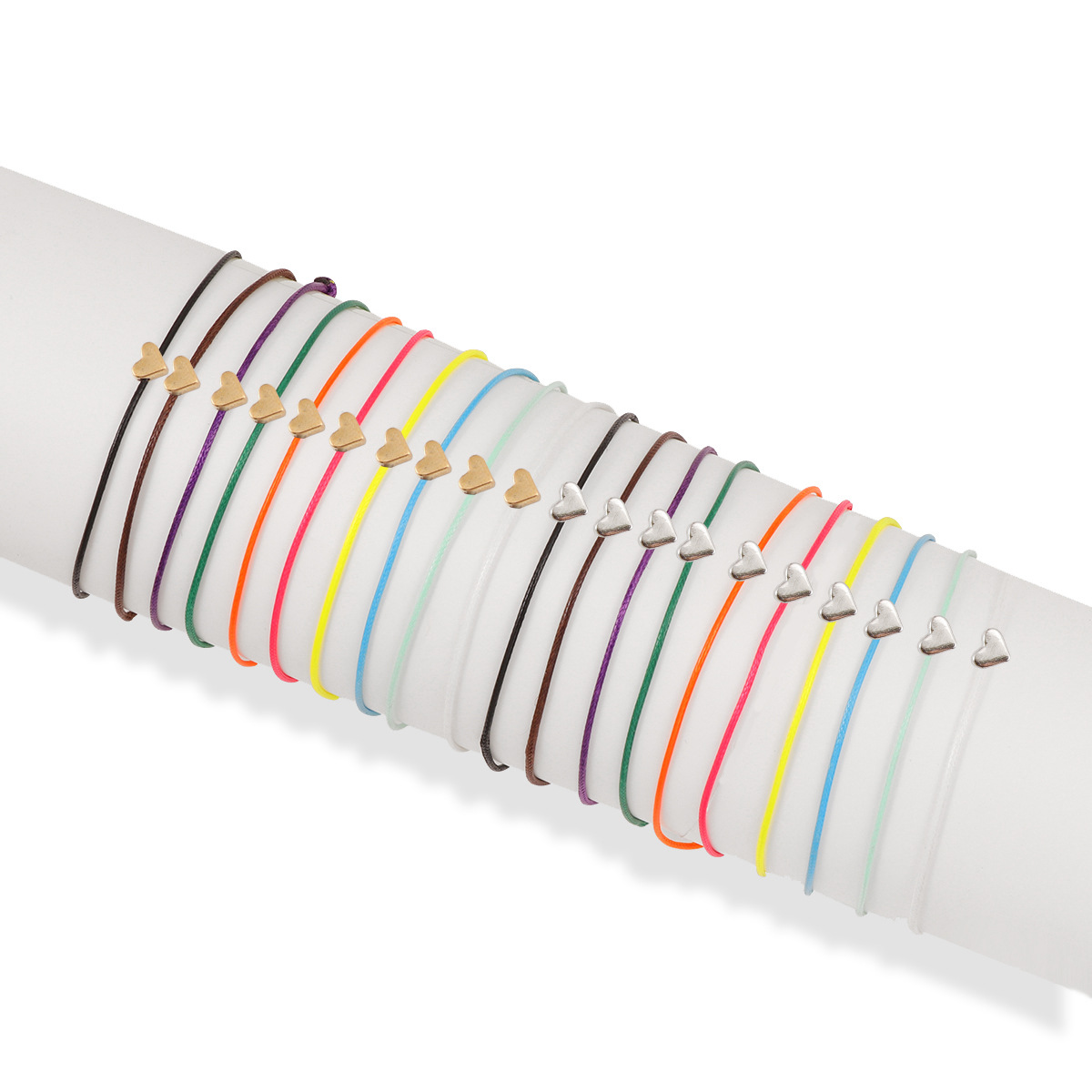 Sweet-Style Jewelry Ccb Silver Heart Beads Rainbow-Colored Wax Thread Handmade Woven Bracelet Set Cross-Border