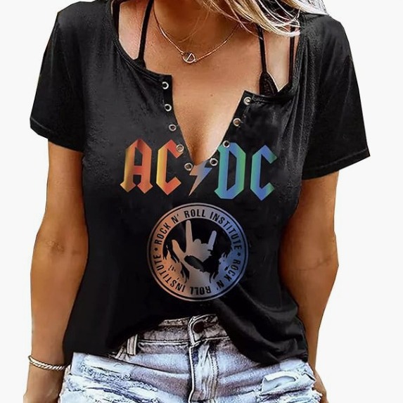 外贸女上衣跨境电商亚马逊ACDC印花彩棉T恤