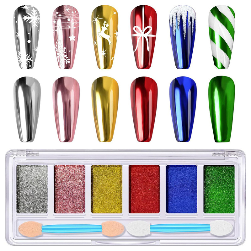 Chrome nail powder, 6 colors red green christmas chrome nail powder pigment glitter, gold silver metal mirror
