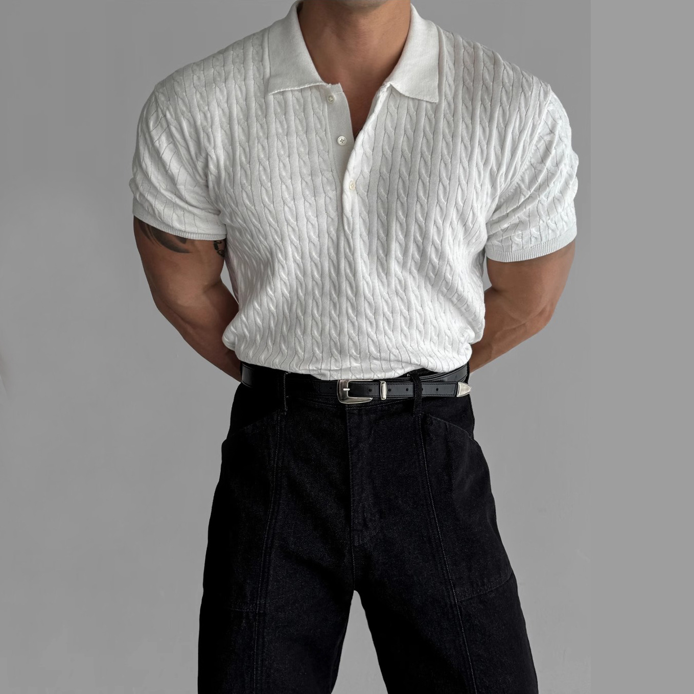 Polo de punto de manga corta con patrón trenzado, camiseta de negocios, venta al por mayor transfronteriza, camisa de hombre de punto trenzado de manga corta sin planchar. image 3