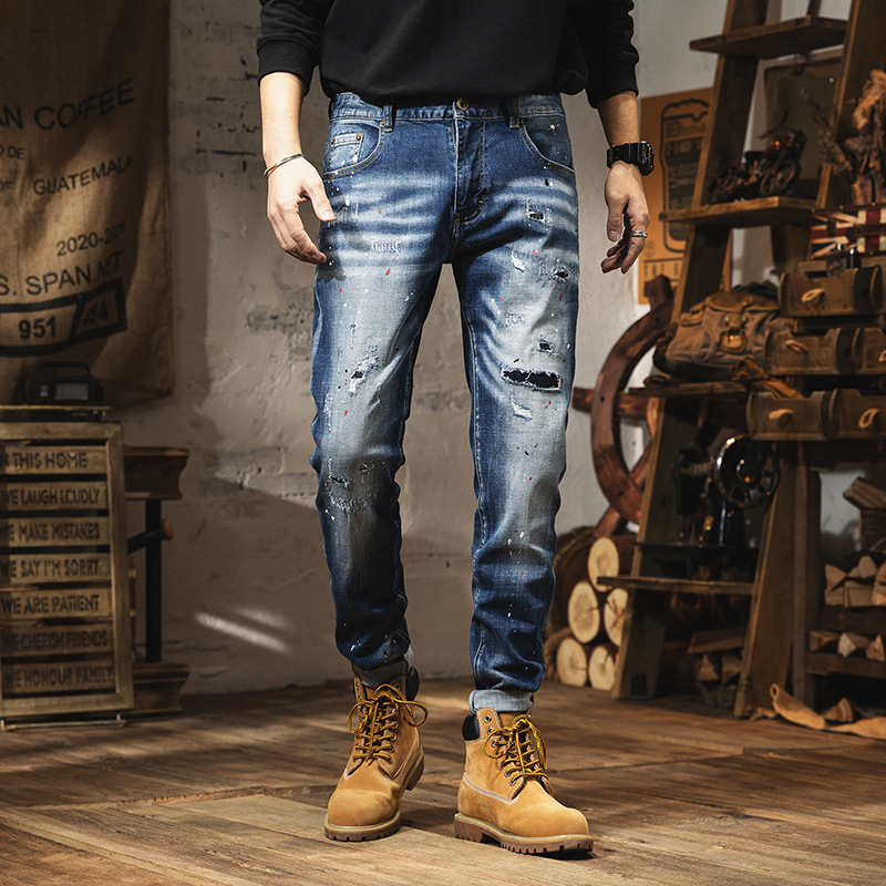 Men's Clothing Retro Light-colored Jeans For Men In Spring Trendy Brand Ripped Trousers Slim Fit Small Feet Washed Men's Trousers Spring And Summer_voghion.com