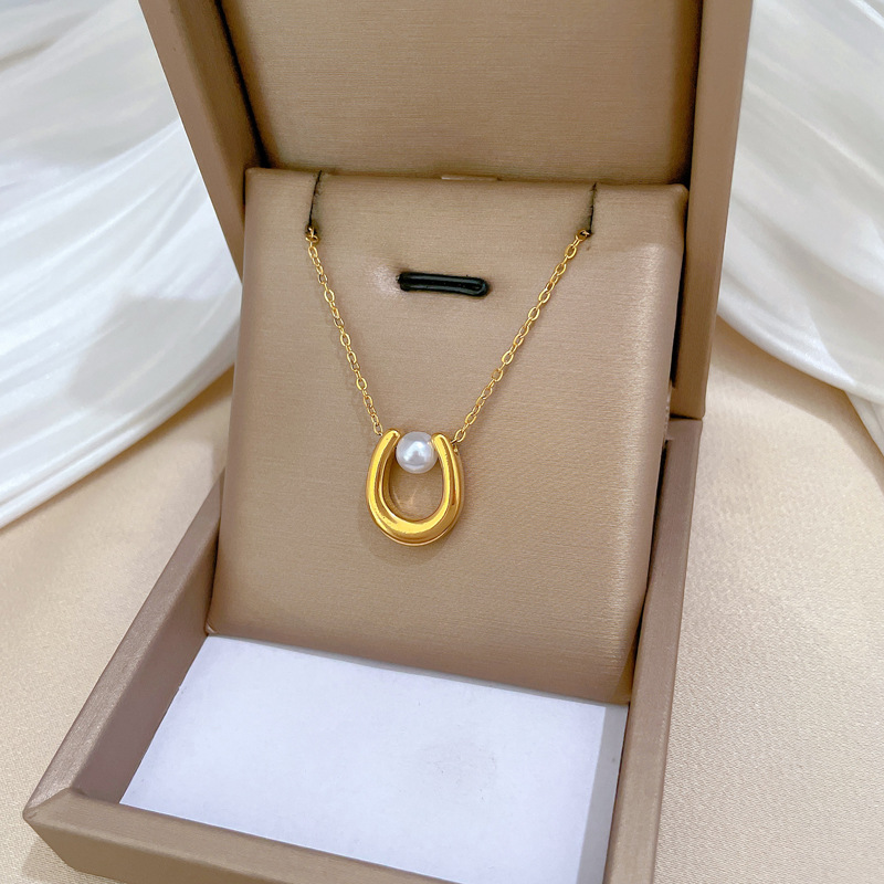 U-shaped Pearl Personality Minimalist Wind Stove Real Gold Necklace Female Ins Internet Celebrity Collarbone Chain_voghion.com