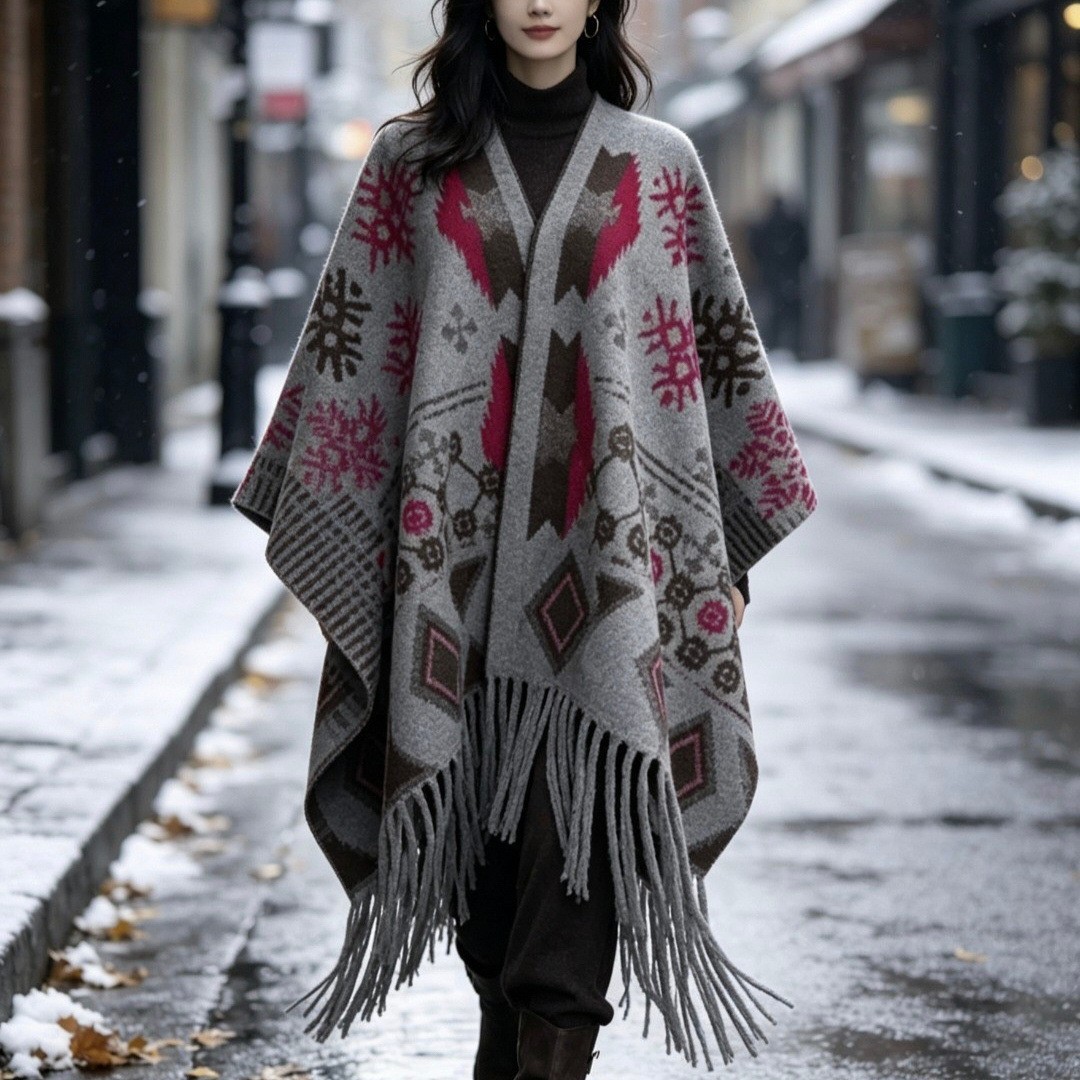 Cross-border best-selling faux cashmere shawl with an elegant ink painting design, versatile and warm for winter, thickened with tassels, cape for women