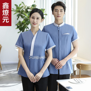 Hotel Catering Waiter Work Clothes Summer Short-Sleeved Hot Pot Restaurant Chinese Restaurant Tea House Farmhouse Men's and Women's Work Clothes