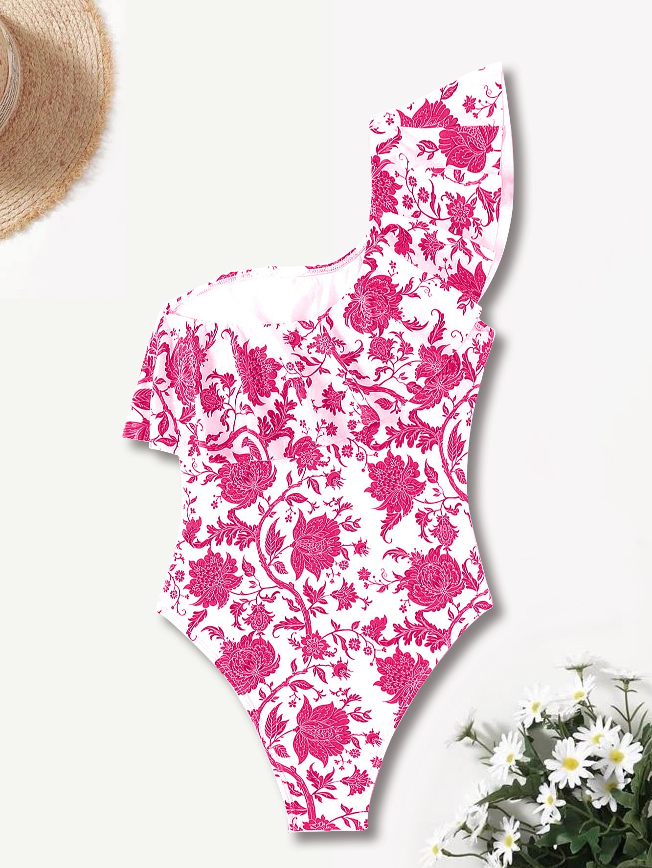 201g Weight Sleeveless Sleeve Length Polyester Fabric Type Regular Top Length Bodysuit Tops Type Swimming Occasion One Shoulder Neckline Skinny Fit Type Flower Pattern Women's Gender Bohemian Style Women's Bohemian Flower One Piece Swimwear 19