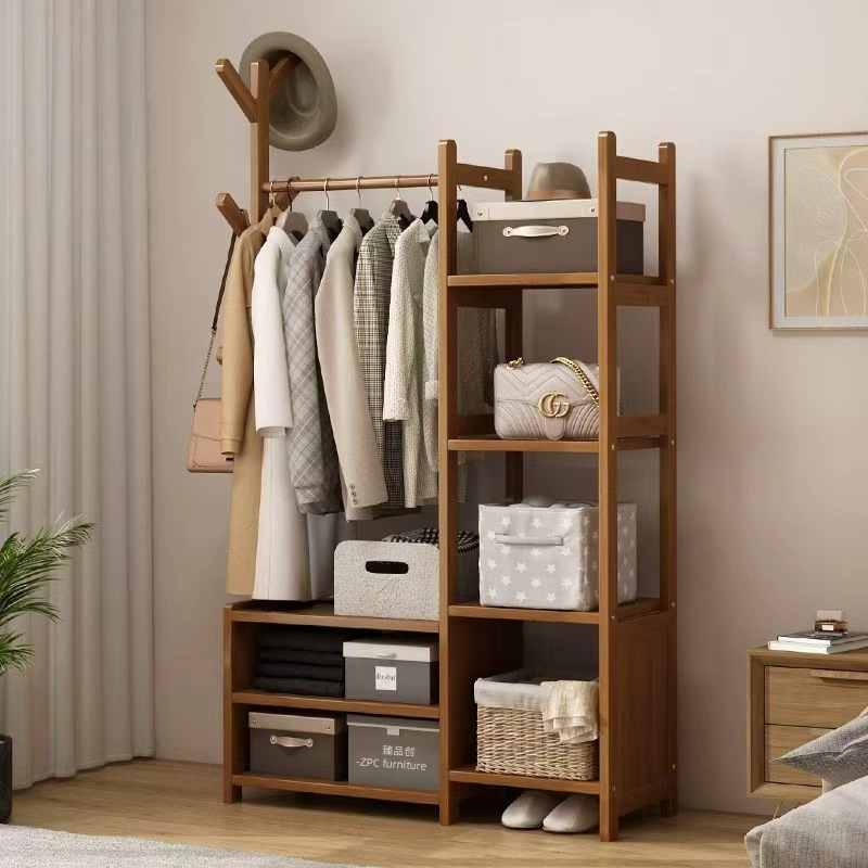 New Chinese-Style Floor-Standing Bedroom Simple Bamboo and Rattan Thickened Clothes Rack Room Storage Rack Coat Rack Home with Storage Cabinet