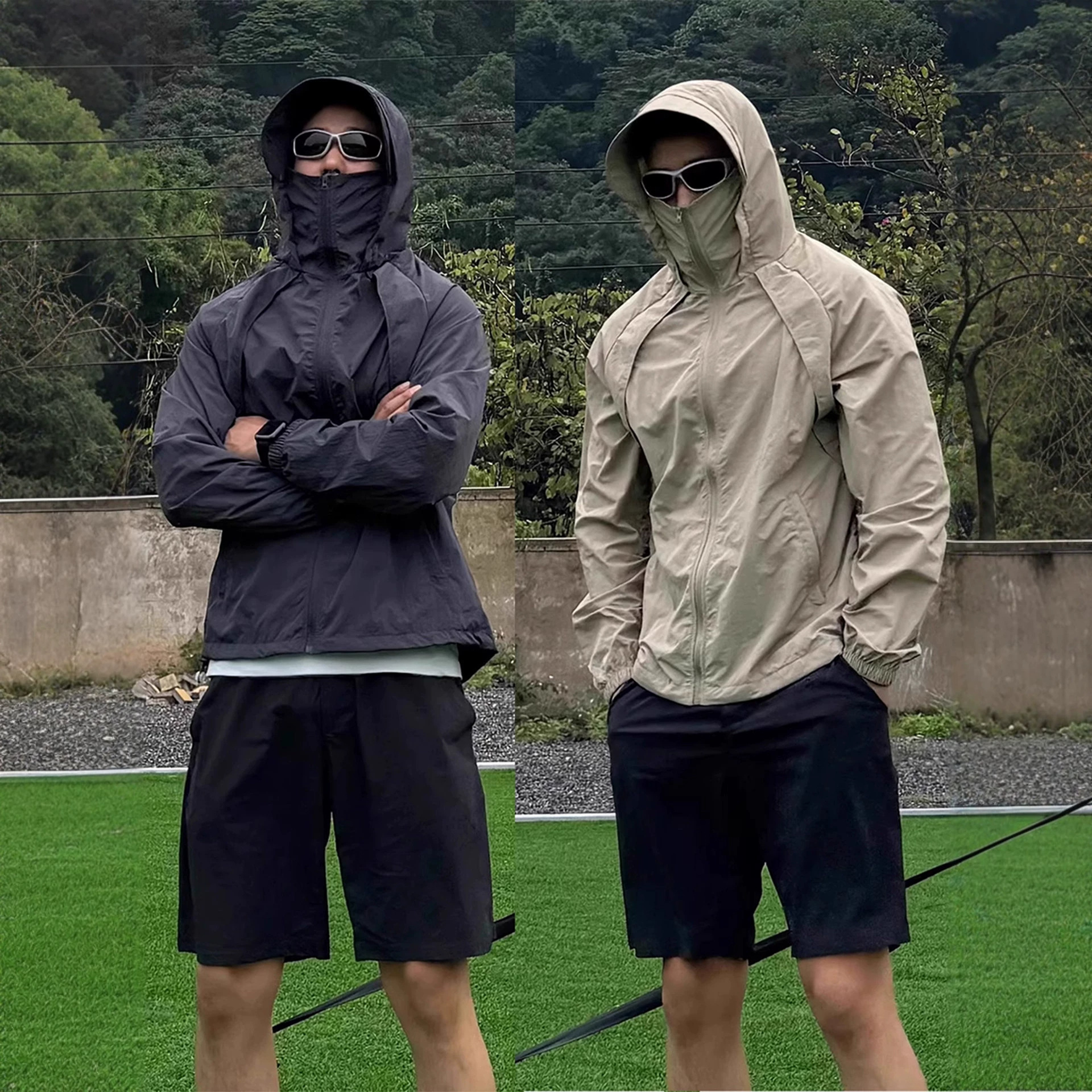 美式解构黑色防晒服男秋季网眼透气连帽防晒衣户外登山钓鱼冲锋衣