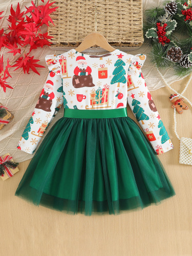Christmas-themed foreign trade children's clothing—new arrivals for small and medium-sized kids: girls' two-piece faux-joined Christmas dress with double bow ties, trendy.
