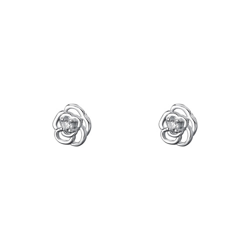 Forest-style small fresh s999 sterling silver rose earrings for women light luxury simple temperament zircon flower feet white ear jewelry