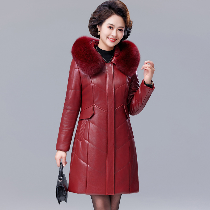 2025 winter new Haining leather down jacket women's long slim fox fur collar hooded warm thick coat