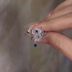 新しい中国風のヘビーデューティブルー輝くダイヤモンドアジサイリングレトロフレッシュライトラグジュアリー女性のファッションパーソナライズリング