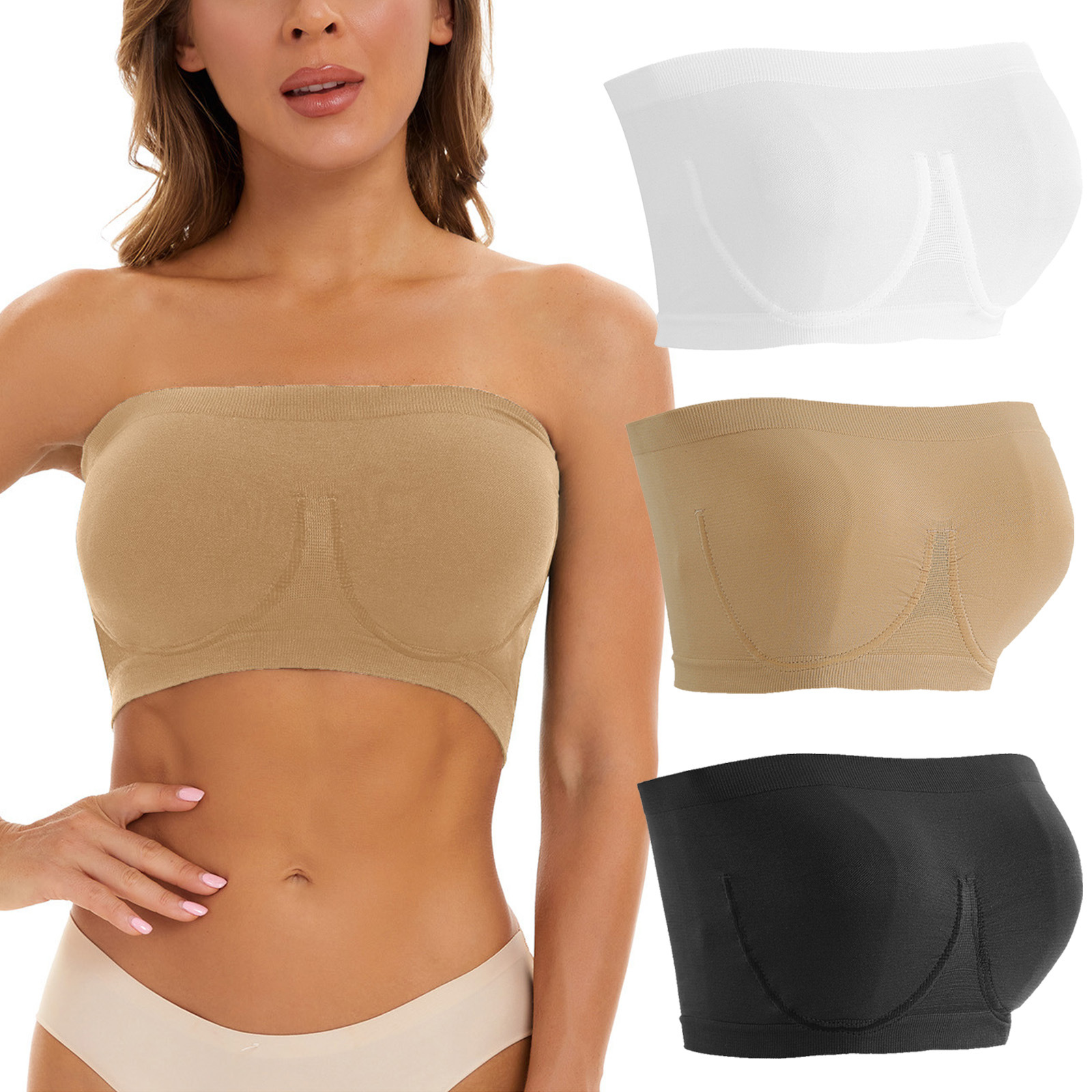 thumbnail image 1 of Sujetador de tubo con borde de acero de imitación sin costuras de talla grande para mujer Sujetador de tubo sin tirantes con borde de acero de tela verde Talla grande para mujer, 1 of 5