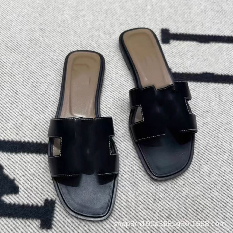 鼎羊皮の新型真皮平底ネット赤同タイプのスリッパ女性夏外着一字引きビーチカジュアル太さと涼しさ引き