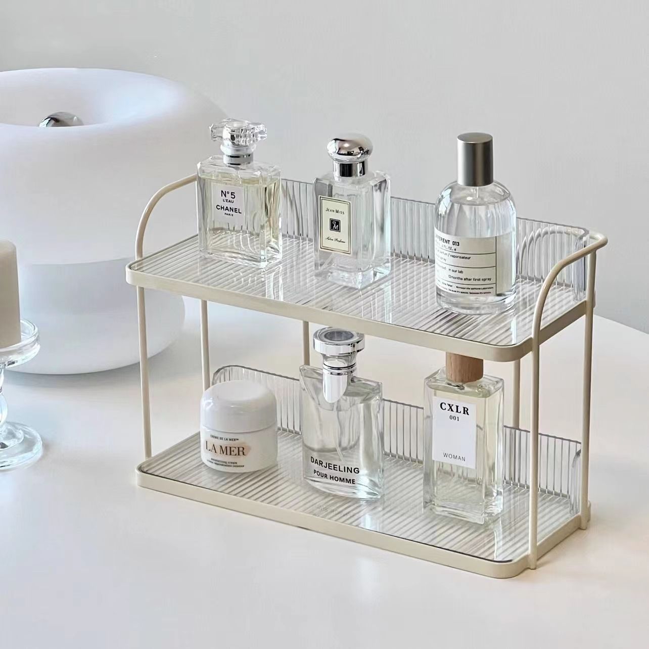 Estante de almacenamiento de condimentos de cocina estante de almacenamiento multifuncional estante de acabado dormitorio lujoso cosméticos perfumes estante de escritorio de doble capa