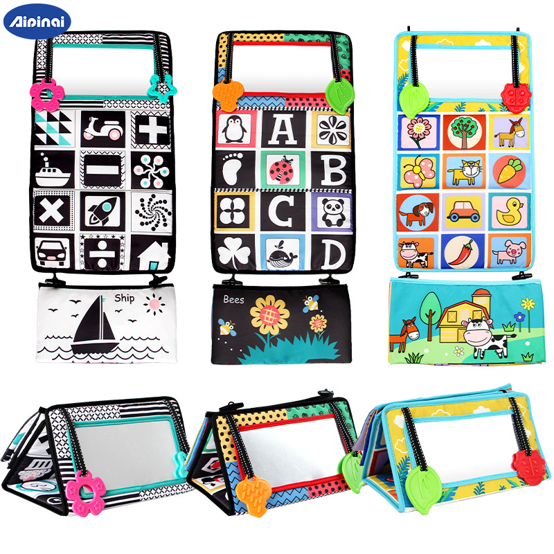 Black and white car hanging toys for baby cognitive development, funhouse mirror, foldable cloth book for car back seat, available for wholesale.
