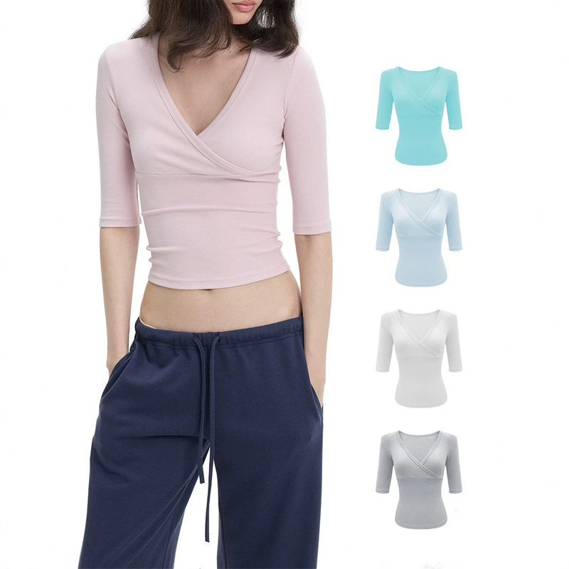 In-Stock American-Style Spicy Girl Low-Cut Cross-Neck Mid-Sleeve Top, Pure Desire Retro Slim-Fit Cropped Short-Sleeve T-Shirt for Women In-Stock American-Style Spicy Girl Low-Cut Cross-Neck Mid-Sleeve Top, Pure Desire Retro Slim-Fit Cropped Short-Sleeve T-Shirt for Women