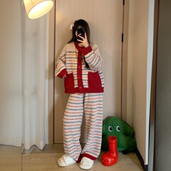 现货红色复古条纹半边绒睡衣女冬季2025新款保暖本命年家居服套装