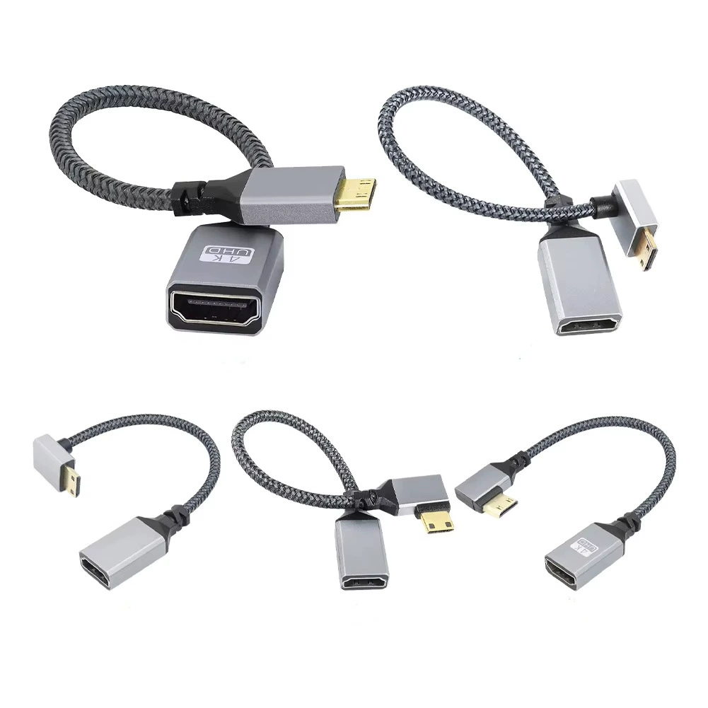 Мини-HDMI к HDMI кабель высокой четкости 4K60Hz позолоченный, ткачёная версия, изгиб в разные стороны: вверх/вниз, влево/вправо, для ТВ, компьютера и монитора