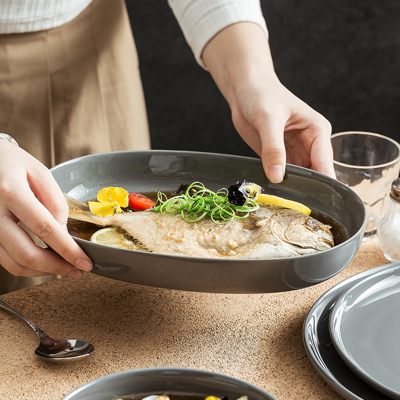 Household Simple Ceramic Tableware Set Restaurant Hotel Light Gray Rice Bowl Hotel Dishes Plate Underglaze Color Fish Plate Household Simple Ceramic Tableware Set Restaurant Hotel Light Gray Rice Bowl Hotel Dishes Plate Underglaze Color Fish Plate