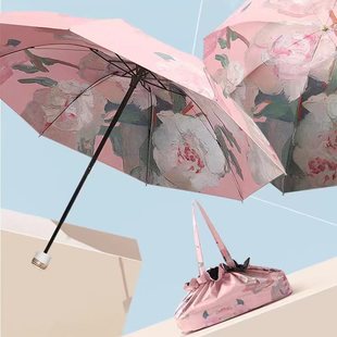 Five-fold black rubber double-layer sun umbrella sunscreen UV protection Women's oil painting umbrella folding dual-purpose sunshade reverse umbrella