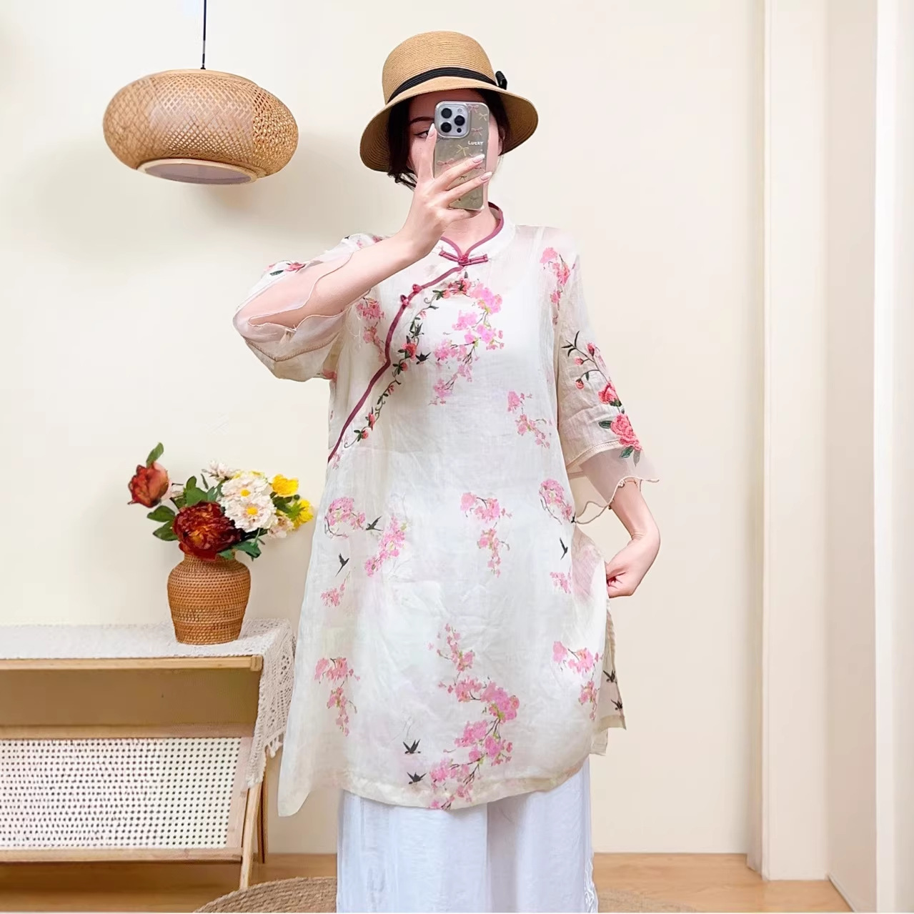 夏季国风盘扣撞色苎麻T恤斜襟改良新中式茶服民族风印花假两件上