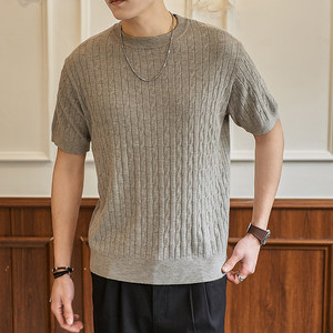 ZY8113-MW 美式麻花针织衫短袖T恤男夏季宽松透气老钱风上衣，男装针织衫/毛衣，星座614