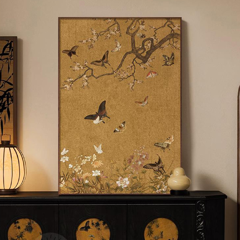 New Butterfly Pattern Vertical Version Living Room Decorative Painting Retro Sofa Background Wall Mural Antique Style Hanging Painting Song Dynasty Aesthetics