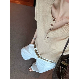 老钱风卡其色半开领针织短袖T恤女夏季淡人高知穿搭显瘦正肩上衣