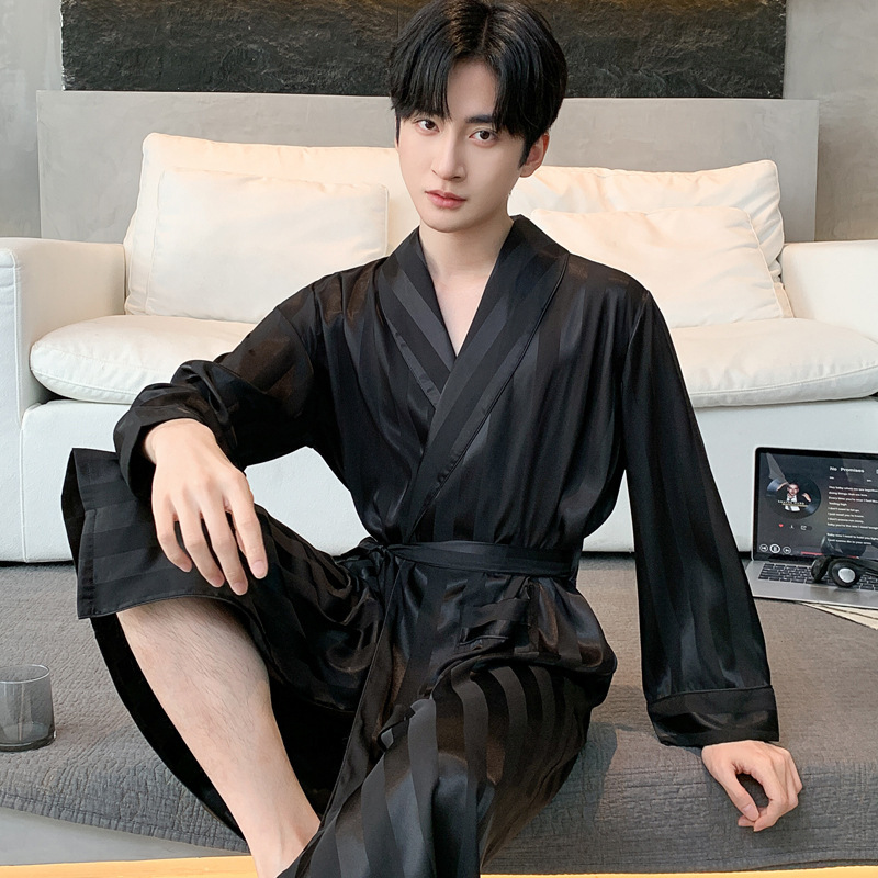 Striped Nightgown Men's Spring and Summer Ice Silk Short-sleeved Long Bathrobe Bathrobe Loose plus size Home Clothes with Pocket Striped Nightgown Men's Spring and Summer Ice Silk Short-sleeved Long Bathrobe Bathrobe Loose plus size Home Clothes with Pocket