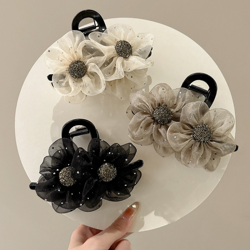 Mesh diamante de flores de sol agarrar clips temperamento de alto nivel cabeza de mujer cabeza de tiburón clips de cabello